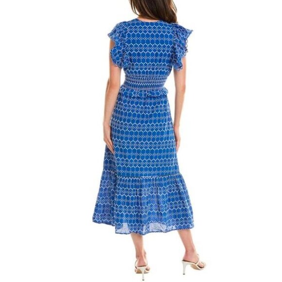 O.P.T Jardin Dress Eyelet Blue V-neck Cotton Midi Women Dress Large - Picture 3 of 11
